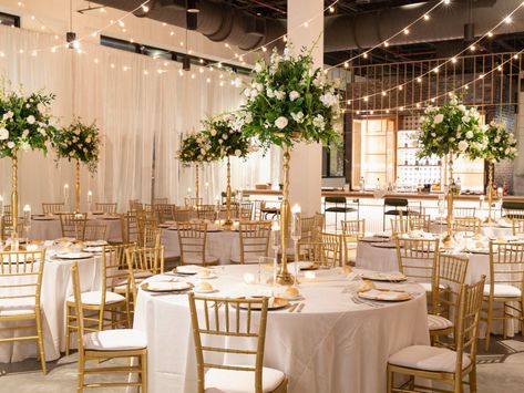 Traditional Classic Wedding Reception Decor, Round Tables with Gold Chiavari Chairs, Tall Gold Greenery and White Floral Centerpieces, Hanging String Lights | Tampa Bay Wedding Venue Hyde House White And Gold Chairs Wedding, Gold Table Wedding, Classic Wedding Reception Decor, Gold Reception Decor, Chiavari Chairs Decor, Crystal Wedding Decor, Gold Chivari Chairs, Hyde House, Wedding Reception Chairs