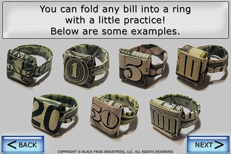 Ways To Gift Money, Folded Money, Ways To Give Money, Money Folding, Money Rings, Money Gift Ideas, Folding Money, Dollar Origami, Dollar Bill Origami