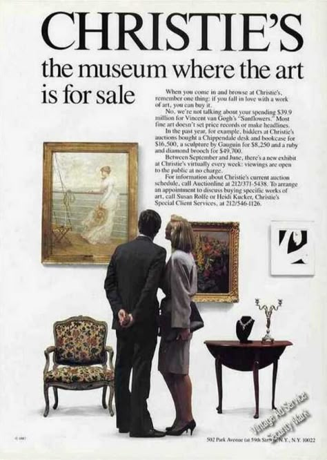 Fine Art Marketing: Christie's Auction House, 1987 Art Collector Aesthetic, Art Auction Aesthetic, Art Market Aesthetic, Auction Aesthetic, Art Gallery Curator Aesthetic, Nyc Art Gallery Aesthetic, Impressionist Interior Paintings, Sothebys Art Auction, Christies Auction House