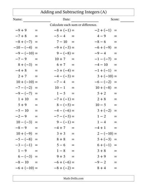 The Adding and Subtracting Mixed Integers from -10 to 10 (75 Questions) (A) Math Worksheet Adding Subtracting Integers, Subtracting Worksheets, Add And Subtract Integers, Adding Integers Worksheet, Subtracting Integers Worksheet, Maths Questions, Math Worksheets For Kids, Math Study Guide, 7th Grade Math Worksheets