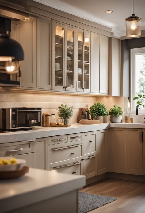 Beige Kitchens: Creating Warm and Inviting Spaces Cream Colored House Interior, Beige Painted Kitchen Cabinets, Kitchen Cream Cabinets, Warm Tone Kitchen, Warm Toned Kitchen, Warm Kitchen Design, Warm Kitchen Ideas, Beige Kitchens, Greige Kitchen Cabinets