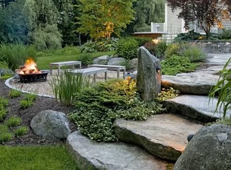 Backyard Landscaping - South Berwick, ME - Photo Gallery - Landscaping Network Rustic Garden Lighting, Rustic Landscaping, Rustic Backyard, Landscape Inspiration, Areas Verdes, Garden Steps, Outdoor Entertainment, Backyard Fire, Diy Landscaping