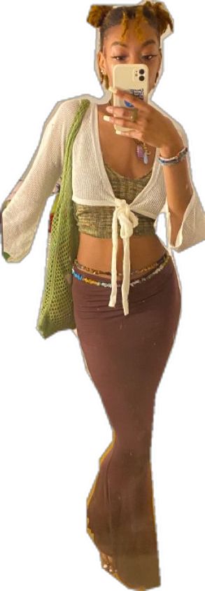 boho black girloutfit , Crochet top & long skirt , brown skirt , Boho aesthetic (Like this style and want more pieces for this aesthetic click the youtube link for a style guide video) Brown Long Skirt Outfit, Brown Skirt Outfit, Top Long Skirt, Long Brown Skirt, Boho Style Accessories, Outfit Boho, Long Skirt Outfits, Brown Skirt, Boho Aesthetic