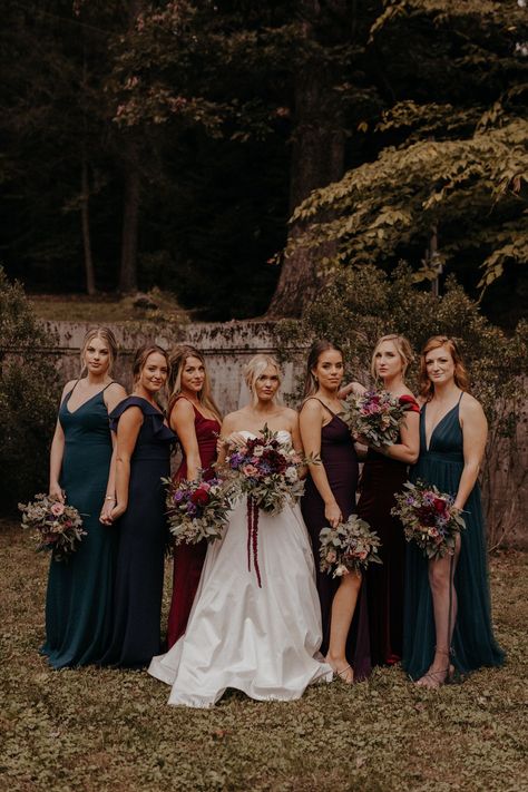 Jewel Tone Mixed Bridesmaids, Jewel Color Bridesmaid Dresses, Mixed Jewel Tone Bridesmaid Dresses, Olive Ocean Plum Oxblood Wedding, Dark Moody Jewel Tone Wedding, Dark Moody Wedding Bridesmaid Dresses, Jewel Colored Bridesmaid Dresses, Jewel Toned Bridal Party, Dark Fall Bridesmaid Dresses