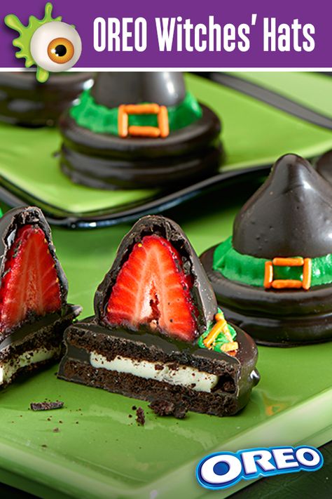 These bewitching OREO Witches' Hats are a wickedly tasty treat and the recipe is easy! Dip OREO cookies in chocolate and add a chocolate-covered strawberry on top. Say the magic words and presto! Visit GhostessParty.com for more recipes, Halloween party ideas & printables. Oreo Witch Hats, Halloween Treats Ideas, Kid Friendly Party, Sugar Addict, Cute Halloween Treats, Postres Halloween, Halloween Food Dinner, Dessert Halloween, Recetas Halloween