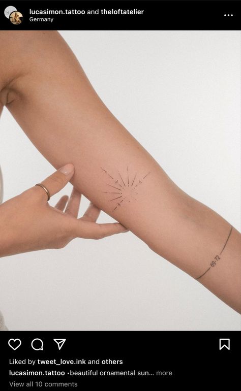 Radiate Tattoo, Rising Sun Tattoo Designs, Dot Work Sun Tattoo, Minimalist Tattoo Sun, Sunkissed Tattoo, Sun Tattoo Women, Fineline Tattoos For Women, Sun Tattoo Arm, Fineline Sun Tattoo