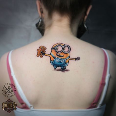 Minion tattoo by David Cairns. If you want something similar to this don't hesitate to get in touch on 07957021702 or via email at inkden.tattoo@gmail.com using only the best @tattoomousse #blackpooltattoo #inkden #blackpool #colourtattoo #tattoomousse #backtattoo #miniontattoo Minion Tattoo, The Minions, Movie Tattoos, Cute Minions, American Comedy, Cartoon Tattoos, If You Want Something, Blackpool, Cairns