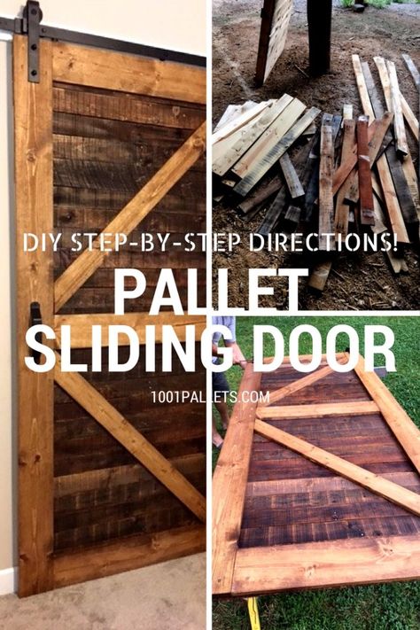 Pocket doors are beautiful, but they’re expensive and very difficult to retrofit to a home. Instead, make a beautiful, handmade Sliding Pallet Interior Door. It’ll eliminate the issue of small rooms and door clearance issues! Here’s my step-by-step tutorial with pictures of... #Barn, #Diy, #PalletDoors, #RecyclingWoodPallets, #Tutorial Barn Door Diy, Pallet Door, Pallet Barn, Wood Screen Door, Pallet Walls, Diy Sliding Barn Door, 1001 Pallets, Wooden Doors Interior, Diy Barn