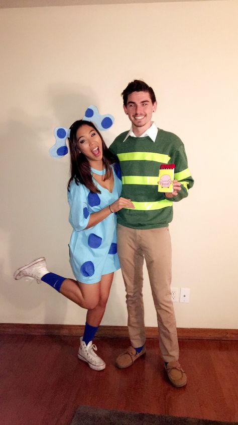 Blues Clues Costume Womens, Steve Blues Clues Costume, Costume Ideas For Couples 2024, Steve And Blue Costume, Joe And Blue Costume, Blues Clues And Steve Costume, Holloween Costume Ideas For Plus Size, Steve And Blue Halloween Costume, Cute Couple Costumes Disney