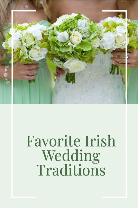 Bride posing with two bridesmaids wearing green dresses and holding green and white bouquets. St Patrick Day Wedding Ideas, Irish Wedding Centerpieces, Irish Bridal Shower Ideas, Traditional Irish Wedding Dress, Irish Wedding Theme, Celtic Wedding Ideas, Irish Wedding Ideas, Irish Lace Wedding Dress, Traditional Irish Wedding