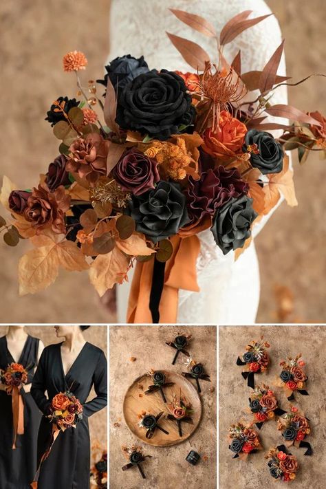 Orange Bridal Flowers, Halloween Theme Wedding, Black Boutonniere, Dark Romantic Wedding, Gothic Wedding Theme, Dark Wedding Theme, Rusting Wedding, Orange Wedding Flowers, Burnt Orange Weddings