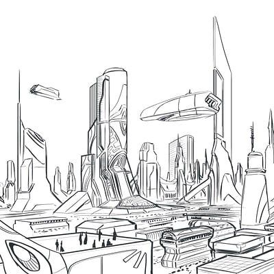 ArtStation - City Sketch Perspective Art Reference City, Sci Fi City Drawing, Cyberpunk City Drawing Sketch, Future Drawing City, Futuristic Building Drawing, Futuristic City Sketch, Dystopian City Drawing, Futuristic World Drawing, Future Buildings Drawing