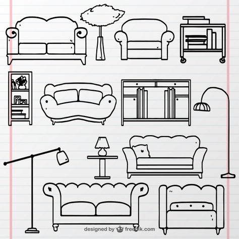 Collection of hand-drawn furniture Free Vector Furniture Doodle Art, Cartoon Furniture Drawing, Easy Furniture Sketches, How To Draw Furniture, Furniture Clipart, Furniture Drawing, Drawing Furniture, Small Bedroom Layout, Furniture Sketch