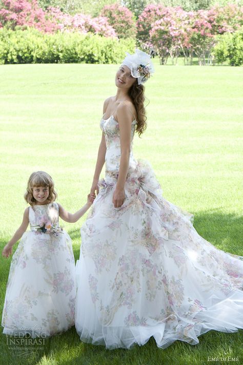 eme di eme bridal 2013 floral print wedding dress flower girl Wedding Dresses Quotes, Floral Print Wedding Dress, Wedding Dress 2013, 2013 Wedding, Wedding Inspirasi, Dresses 2013, Wedding Girl, Wedding Dresses With Flowers, Wedding Flower Girl Dresses