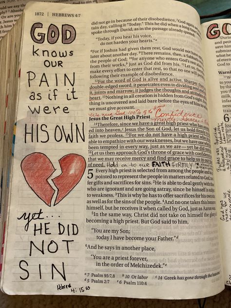 Bible journaling Hebrews 4:15 Hebrews 12 1-2 Bible Journaling, Hebrews Journaling, Hebrews Bible Journaling, Hebrews 4, Bible Journal Notebooks, Faith Verses, Inspire Bible, Bible Drawing, Bible Things