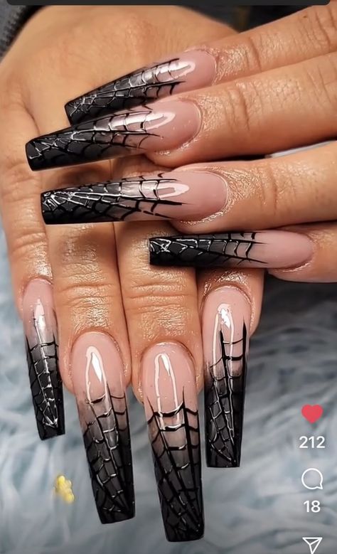 Creepy Nails Design, Gothic French Tip Nails, Goth Coffin Nails, Morticia Addams Nails, Goth Acrylic Nail Designs, Goth Fall Nails, Black Spiderweb Nails, Dramatic Nails Acrylic, Dark Goth Nails