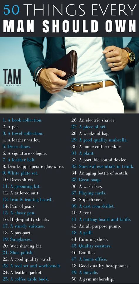 50 Things Every Man Should Own. Click here for products, style, and fashion items for men, as well as other lifestyle items for guys of all ages. Gentlemens Guide, Gentleman Rules, Der Gentleman, Men Tips, Men Stuff, Goodfellas, Men Style Tips, Man Stuff, A Gentleman