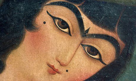 A 'unibrow' seen in a Qajar painting from Iran Qajar Painting, Historical Makeup, Shiraz Iran, Indian Illustration, Persian Art Painting, Persian Miniature, Ancient Persian, Persian Culture, Iranian Art