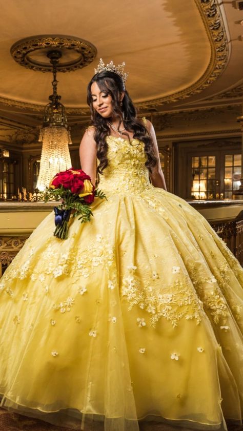 With these stunning quince dresses, you'll feel like a Mexican princess for your Quinceanera. You can get the ideal look for your wedding day with more than 40+ different styles to pick from. We have everything, whether you're looking for a traditional ball gown, a contemporary take on conventional designs, or something altogether original. Beauty And The Beast Quinceanera Dress, Beauty And The Beast Quince, Cotillion Dresses, Beauty And Beast Wedding, Belle Dresses, Quinceanera Themes Dresses, Quinceanera Collection, Vintage Ball Gowns, Pretty Quinceanera Dresses