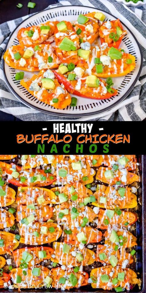 Buffalo Chicken Bell Pepper Nachos, Buffalo Chicken And Veggies, Pepper Nachos Low Carb, Appetizer Healthy, Pepper Nachos, Buffalo Chicken Nachos, Mini Peppers, Chicken Minis, Healthy Superbowl Snacks