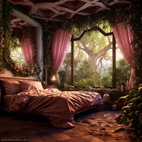 Pink Forest Bedroom, Elf Bedroom, Fantasy Bedroom Aesthetic, Bedroom Aesthetic Dark, Forest Bedroom, Castle Illustration, Castle Bedroom, Dream Bedroom Inspiration, Earthy Home Decor