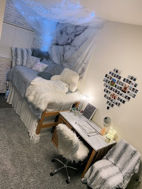 cute dorm room ideas (grey and white) Dorm Room Blue And Grey, Blue And Grey Dorm Room Aesthetic, Purple White And Grey Bedroom Room Ideas, Room Ideas Aesthetic Blue And White, Grey Themed Dorm Room, Blue White And Grey Bedroom Room Ideas, Dorm Room Ideas For Girls College Blue, Grey And White Dorm Room Ideas, Grey And Blue Dorm Room Ideas