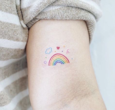 Tiny Tattoos Color, Cute Rainbow Tattoo, Mini Rainbow Tattoo, Small Coloured Tattoos, Rainbow Baby Tattoo Ideas, Simple Rainbow Tattoo, Tiny Colorful Tattoos, Small Colorful Tattoos For Women, Small Rainbow Tattoo