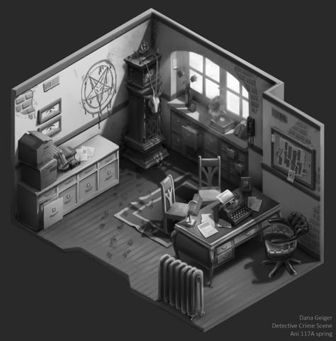 ArtStation - A Threat in The Detective's Office, Dana Geiger 1950s Detective, Detective Room, Isometric Office, House Plans Bloxburg, Room Concept Art, Detective Office, Medical Horror, Detective Noir, Monster Room