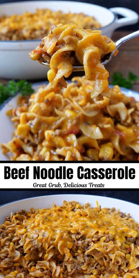 Beef Noodle Casserole is a flavorful and easy main dish recipe, made with seasoned ground beef, egg noodles, tomato sauce, corn and lots of delicious cheese, and is great served hot with crusty bread. Ground Beef Country Casserole, Easy Meat Casserole Recipes, Crock Pot Main Dishes, Recipes With Ground Beef And Egg Noodles, Ground Beef Recipes Few Ingredients, Hamburger Noodle Bake, Ground Beef Recipes Without Cheese, Ground Beef Hot Dish Recipes, Tallerine Recipe