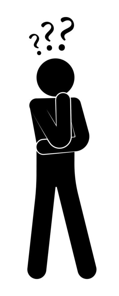 stick figure, man stands in thought, confusion. Making difficult decisions, answering questions. Question marks above the head. Vector on a white background Question Answer Design, Thoughts Template, Question Mark Wallpaper, Question Background, Question Mark Background, Question Mark Logo, Positive Quotes Encouragement, Gym Motivation Videos, Vintage Wallpaper Patterns