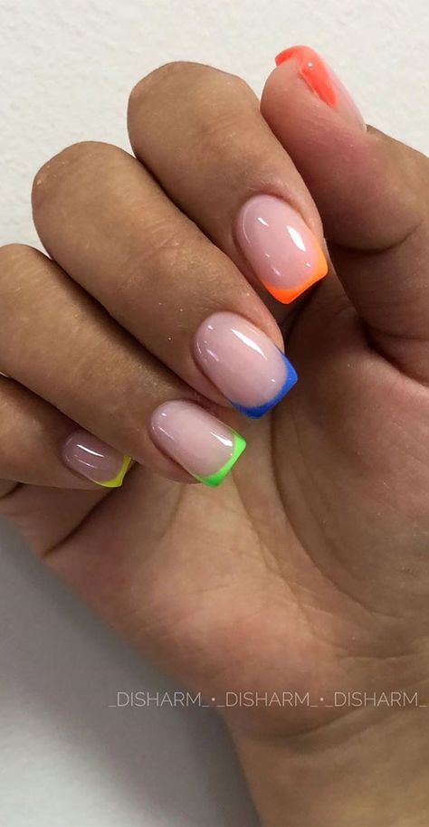 neon nail art, french nails , summer french nails, neon french nails Short French Tip, Nails Neon, Short French, French Tip Nail Designs, Short Square Nails, French Tip Acrylic Nails, Short Square Acrylic Nails, Vacation Nails, Tip Nails