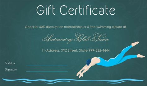 Swimming Club Gift Certificate Template #gift #certificate #template #certificate #giftcard #editablegiftcard Swimming Certificate, Swimming Awards, Swimming Design, Certificate Format, Printable Gift Certificate, Swimming Classes, Awards Certificates Template, Swim Gifts, Positive Encouragement