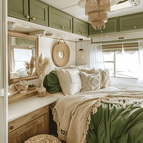 33 RV Remodeling Ideas ** SEE THEM NOW ** Camper Repaint Interior, French Country Rv Remodel, Olive Green Camper Interior, Rv Color Palette, Remodeled Small Campers, Camper Redo Travel Trailer Remodel, Off Grid Camper Living, Green Interior Camper, Renovated Camper Ideas