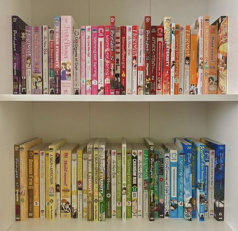 Manga Storage, Otaku Room Aesthetic, Rainbow Shelf, Anime Bedroom Ideas, Anime Crafts Diy, Bookshelf Inspiration, Diy Room Decor For Teens, Otaku Room, Anime Room