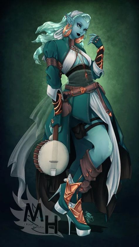 Water Genasi Bard, Bard Dnd, Water Genasi, Dnd Races, Elf Art, One D, Oc Art, Dungeons And Dragons Characters, Dnd Art