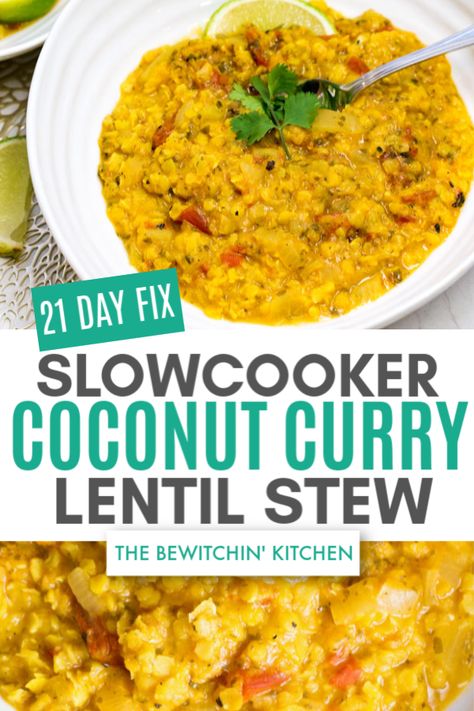 This slow cooker 21 day fix coconut curry lentil stew is so easy and so tasty! I have included the container counts for Ultimate Portion Fix to go along with your Beachbody workouts. Add this to your easy dinner meal plan! #coconutcurry #21dayfix Slow Cooker Coconut Curry, Coconut Curry Lentil Soup, Curry Lentil Soup, 21 Day Fix Vegetarian, Curried Lentil Soup, Beachbody Workouts, Lentil Soup Recipes, Meals Recipes, Dinner Meal