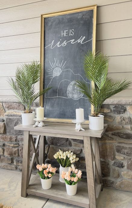 Easter Chalkboard Ideas, Spring Chalkboard Ideas, Easter Chalkboard Art, Simple Decorating Ideas, Springtime Decor, Spring Chalkboard, Easter Porch, Easter Porch Decor, Easter Chalkboard