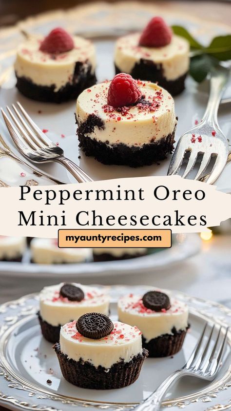 These mini cheesecakes combine the cool taste of peppermint with an Oreo cookie crust, making them the ideal winter dessert. Perfectly portioned and beautifully festive, these cheesecakes are sure to impress at any gathering. A sweet, refreshing treat for the holiday season! Mini Cheesecakes Vanilla Wafers, Mini Cheesecakes In A Cup, Christmas Cookie Cheesecake Bars, Mini Cheesecake Balls, Peppermint Mini Cheesecakes, Mini Xmas Desserts, Small Christmas Dessert Ideas, New Year’s Eve Baked Goods, Christmas Cheesecake Cupcakes