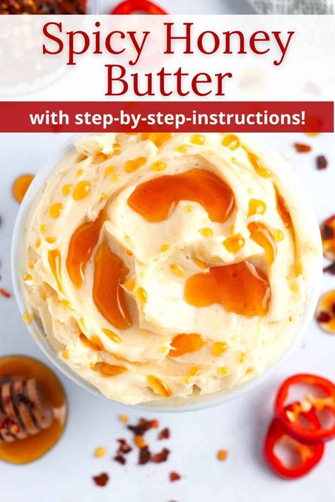 This Hot Honey Butter Recipe will bring an exciting kick to any dish in just 5 minutes! Three ingredients get whipped together to create a fluffy, sweet, and fiery spread that can be slathered on warm biscuits or melted over hot corn on the cob. Spicy honey butter is a delicious balance of sweet and heat! Hot Honey Recipes, Spicy Honey Butter, Hot Honey Butter, Hot Honey Recipe, Lemon Glaze Recipe, Flavored Butter Recipes, Honey Chicken Recipe, Creamy Pesto Chicken Pasta, Honey Butter Recipe