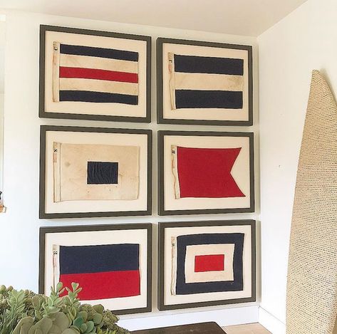 Nautical Flag Decor, Vintage Oars On Wall, Framed Nautical Flags, Nautical Lake House Decor, Nautical Flags Decor, Nautical Interior Design, Sailing Decor, Nautical Interior, Nautical Flag