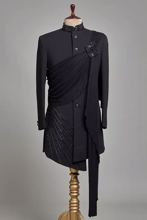 Buy Black Mirror Embroidered Italian Indowestern Sherwani Online | Samyakk Black Indo Western Dress, Indowestern Outfits For Men, Indo Western Outfits For Men, Indo Western Dress For Men, India Fashion Men, Indowestern Sherwani, Indian Wedding Clothes For Men, Western Men, Sherwani For Men Wedding