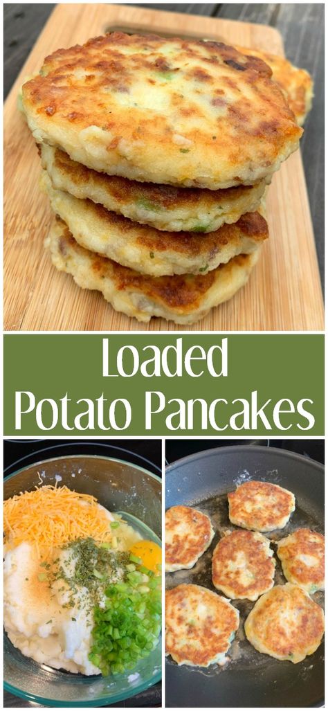 Loaded Potato Pancakes with a crispy fried outside and a gooey cheese inside. An easy and delicious recipe Deep Fried Potato Pancakes, Cheesy Mashed Potato Pancakes, Loaded Potato Pancakes, Potato Pancakes With Cheese, Cheesy Potato Pancakes Recipe, Cheesy Potato Patties, Loaded Potato Cakes, Cheesy Potato Cakes, Potato Cakes With Cheese