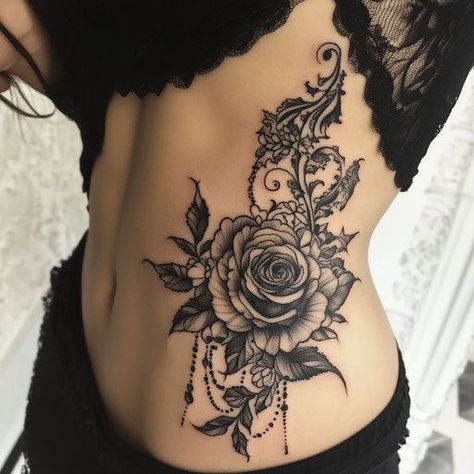 Unique Flower Tattoo Designs, Tattoo Ideas Of Women, Women's Chest Piece Tattoo, Chest Tattoo Female Rose, Back Rose Tattoo Women, Woman Side Tattoo, Cool Shoulder Tattoos For Women, Black Female Tattoos, Feminine Tattoos Sleeve Lace