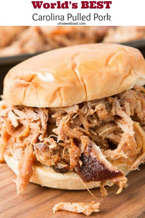 The world's BEST carolina pulled pork! No, really it is! ohsweetbasil.com Carolina Pulled Pork, Crockpot Pulled Pork, Pork Ham, Pulled Pork Recipes, Pork Sandwich, Pulled Pork Sandwich, Bbq Pulled Pork, Bbq Pork, Pork Dishes