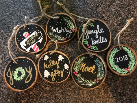 Wood slice ornaments, diy ornaments, Wood Puck Ornament, Wood Slice Ornaments Diy, Merry Christmas Words, Christmas Wood Ornaments, Chalkboard Ornament, Wood Slice Ornaments, Christmas Chalkboard, Handmade Christmas Crafts, Diy Ornaments