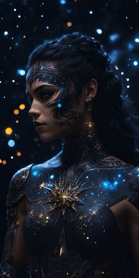 Fantasy Queen, Queen Aesthetic, Angel Warrior, Girls Blue Dress, Constellation Tattoos, Bokeh Background, Queen Art, Warrior Queen, Dark Tattoo