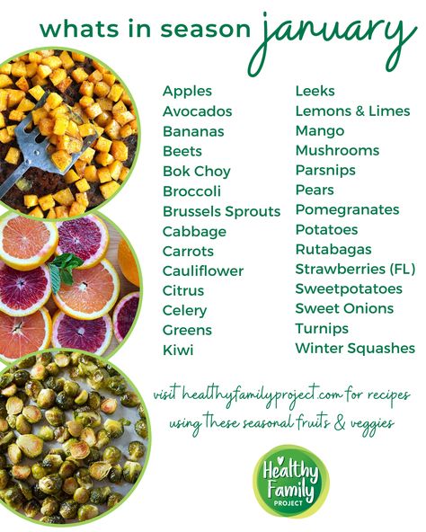 What's In Season For January? | Here's a list of what fruits and veggies are in season for the month of January. Get tips to pick, prepare and store each item, plus recipe ideas. | Healthy Family Project #seasons #january #fruits #vegetables January Fruits, Recipe Ideas Healthy, Happy January, January Recipes, Smoothie Popsicles, Seasonal Eating, Healthy Potatoes, Seasoned Veggies, Seasonal Fruits