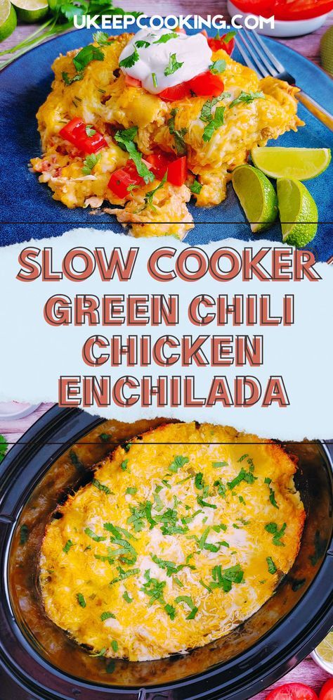 Discover our Slow Cooker Green Chili Chicken Enchilada, a crockpot favorite that's quick and easy to prepare! This flavorful dish combines tender chicken with green chilies for a delicious twist on traditional enchiladas. Perfect for busy days, it's a hearty meal the whole family will love. Slow Cooker Green Chili Chicken, Green Chili Chicken Crockpot, Slow Cooker Green Chili, Green Chili Chicken Enchilada Casserole, Slow Cooker Chicken Enchilada Casserole, Enchiladas Crockpot, Green Chicken Enchilada Casserole, Green Chili Casserole, Green Chili Chicken Enchiladas