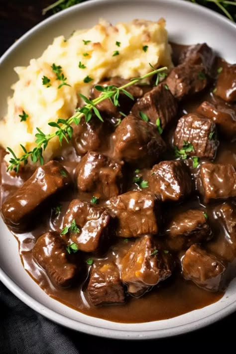 Beef Tips and Gravy - That Oven Feelin Steak Beef Tips Recipe, Steak Bites In Gravy, Savory Beef Tips, Seared Beef Tips, Balsamic Beef Tips, Asian Beef Tips, Joanna Gaines Beef Tips, Easy Beef Tips And Gravy Oven, Beef Tips And Gravy Dutch Oven