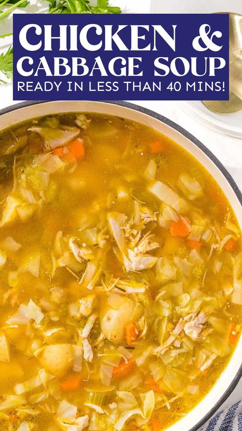 Easy chicken and cabbage soup for a yummy and healthy weeknight meal! Savory chicken with vegetables, ginger, garlic, and spices. Make this healthy soup as a lunch idea or dinner ideas. The best chicken and cabbage soup made on a stove top in one pot! If you're looking for delicious one pot soup recipes, add this healthy, low carb, quick and easy chicken and cabbage soup to your regular winter soup recipes. Easy comfort soup for those cold nights. It's one of my fav winter soups and stews! Soups With Cabbage In Them, Chicken Soup With Cabbage Recipes, Soups Made With Cabbage, Chicken And Cabbage Soup Recipes, Cabbage Soup With Chicken Broth, Chicken Cabbage Soup Recipes, Healthy Stews And Soups, Best Chicken Soup Recipes Homemade, Easy Cabbage Soup Recipe